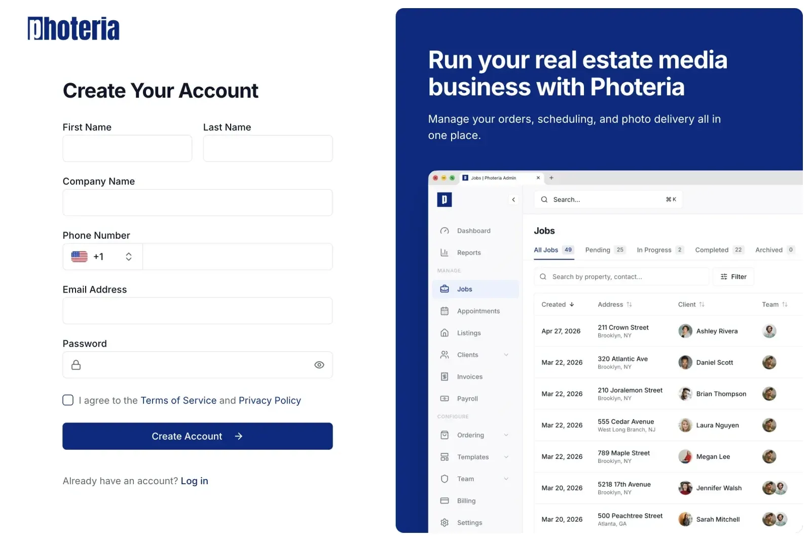 The Create Your Account form with the required fields and Create Account button