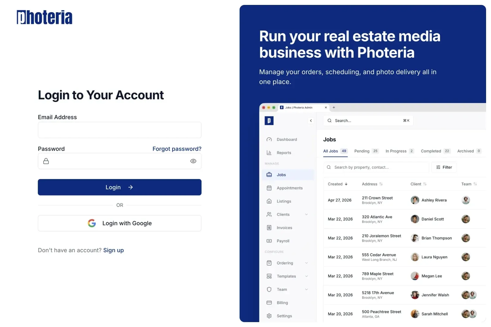 The Login to Your Account form with password recovery and Google sign-in options