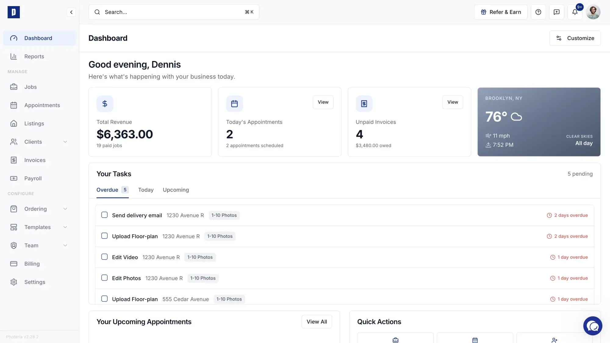 The Photeria dashboard showing navigation, summary cards, tasks, upcoming appointments, and quick actions