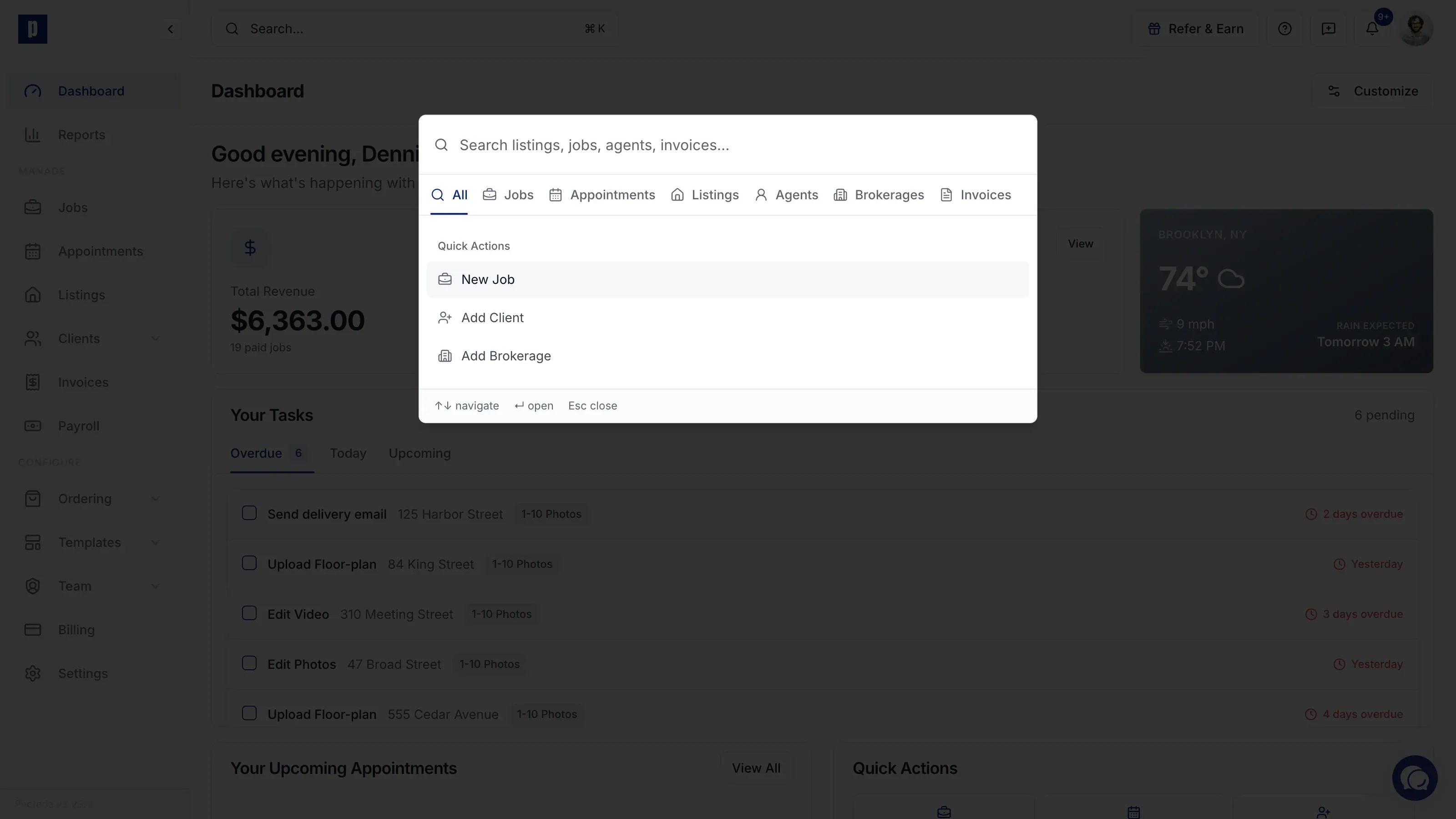 Global Search open from the dashboard with the top search bar visible
