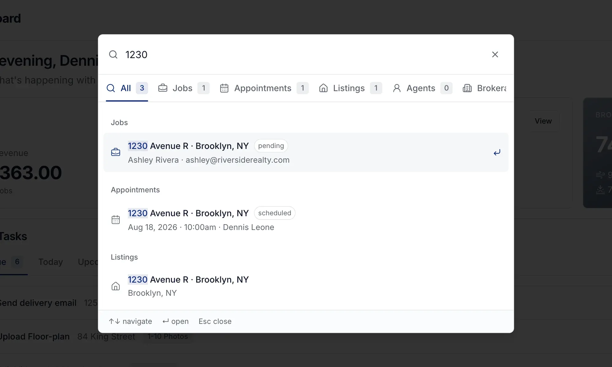 Search results for an address across Jobs, Appointments, and Listings