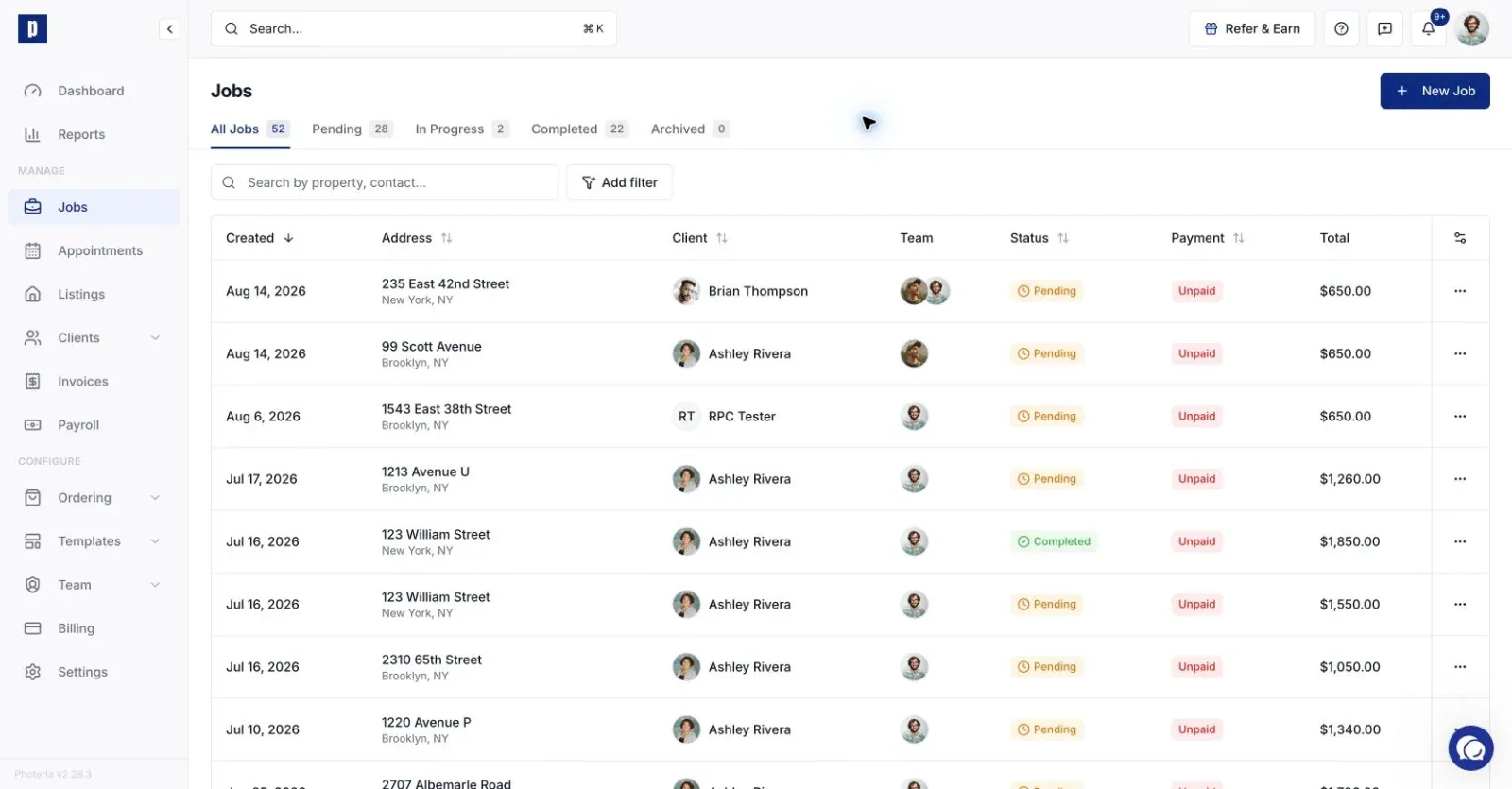 Jobs page with progress and payment statuses
