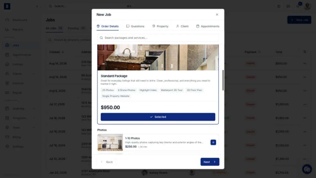 New Job window with package and service selection