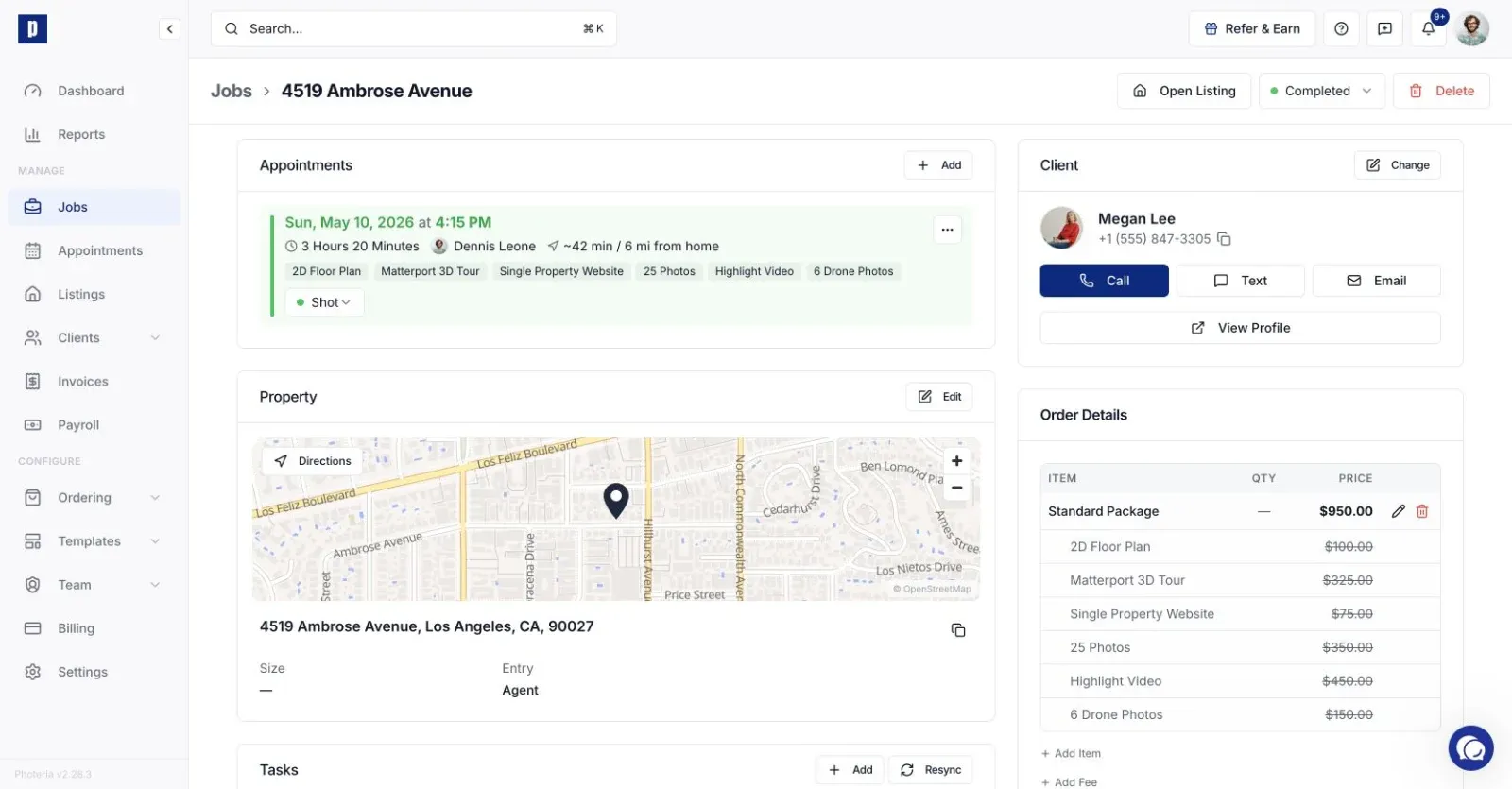 Job detail page showing progress, appointment, and payment status