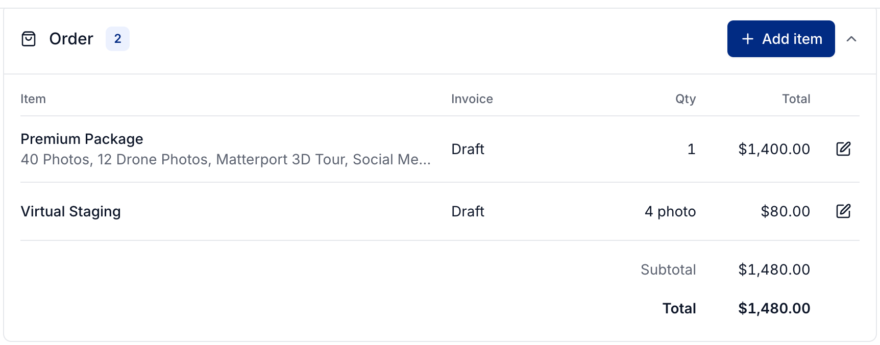 Order items and the Add item action