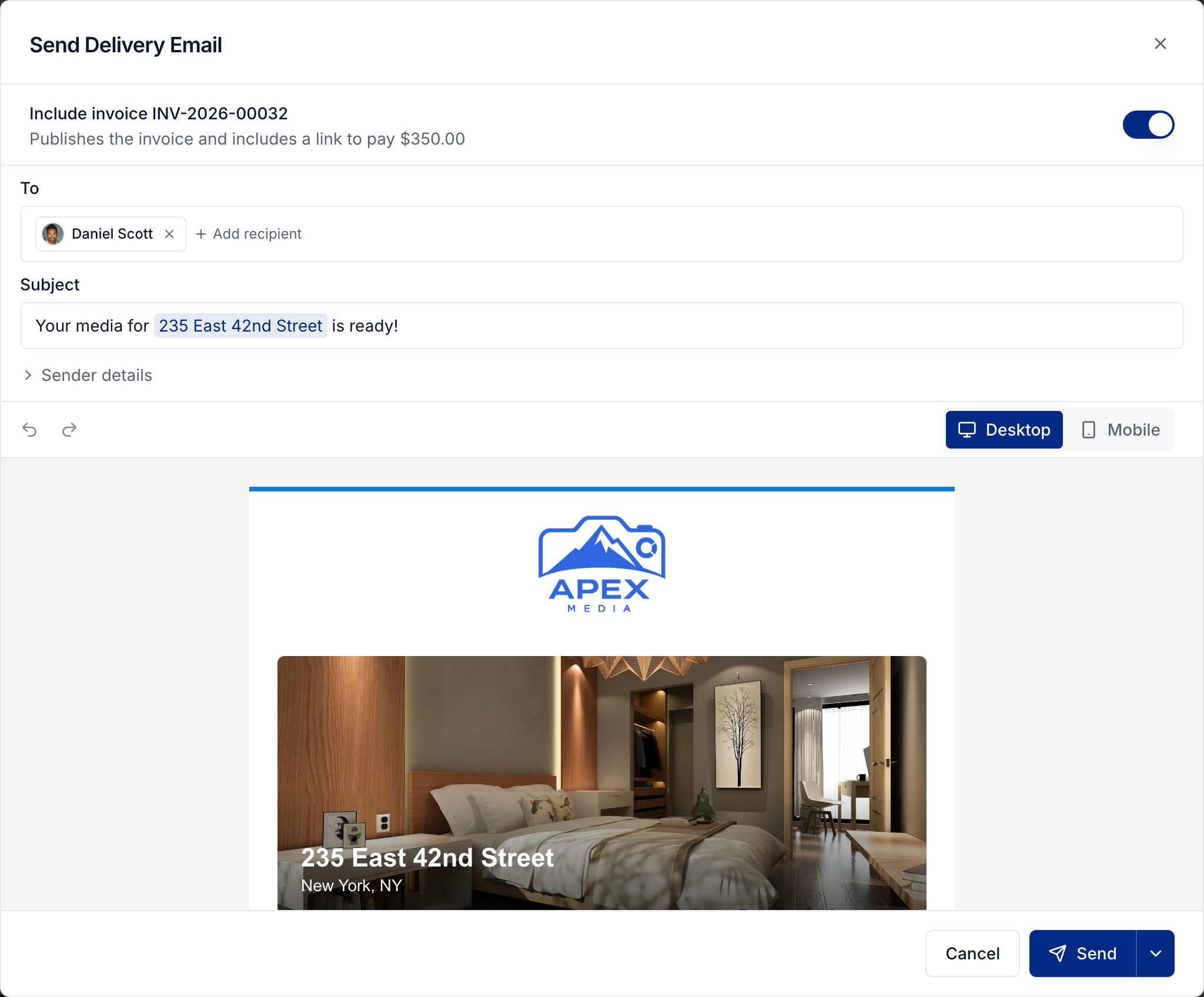 Delivery email with recipients, subject, Include invoice, preview, and Send
