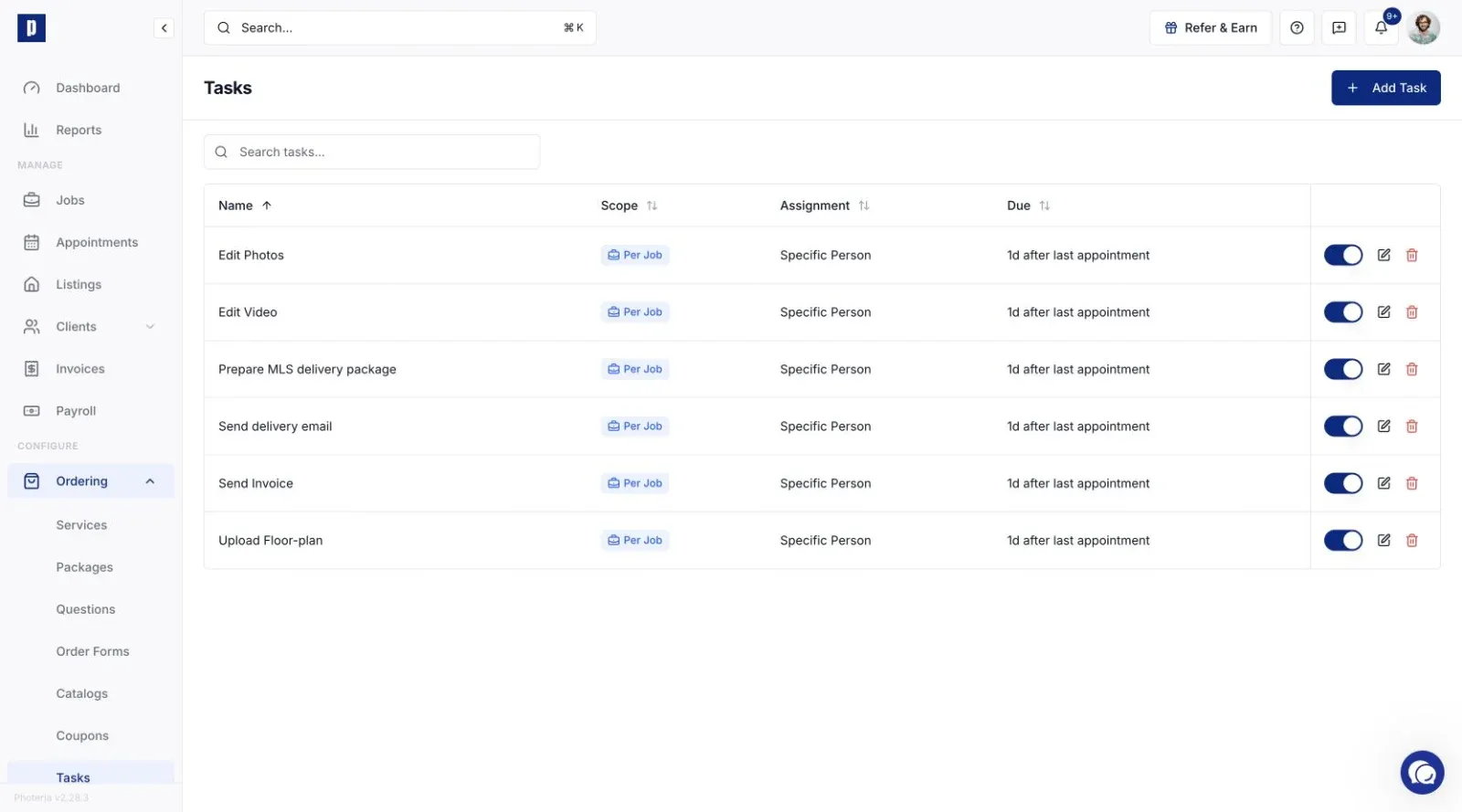 Tasks page with task templates and Add Task