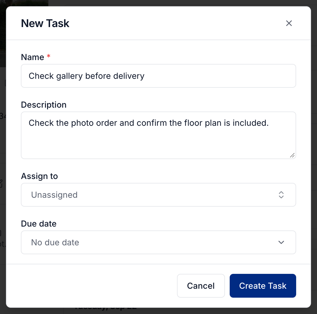 Create a job task with instructions, an assignee, and a deadline