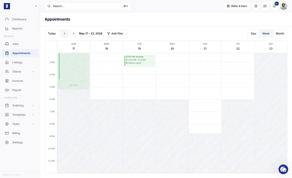 Appointments calendar with scheduled shoots, travel time, and status