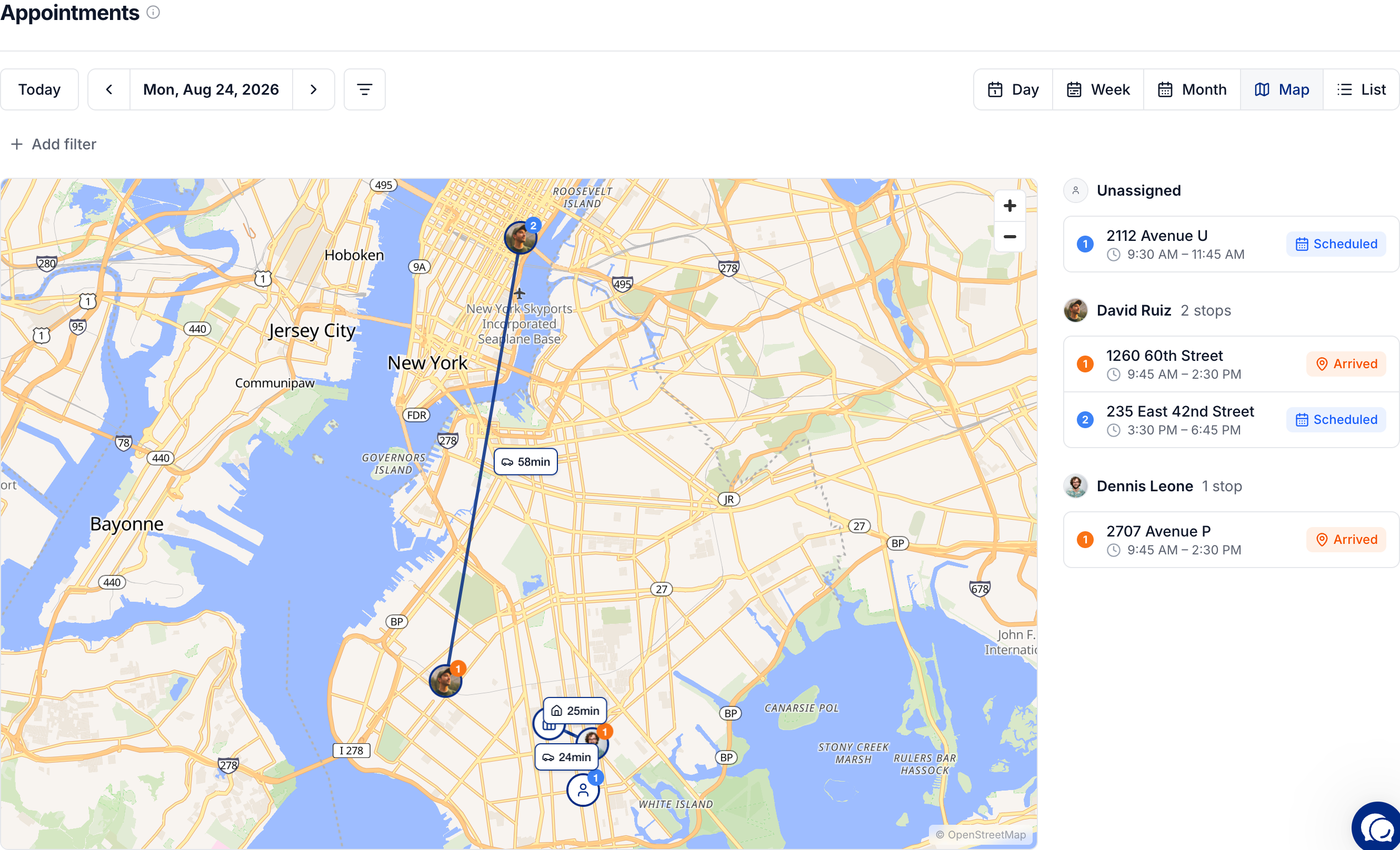 Appointments map with stops grouped by photographer and travel estimates