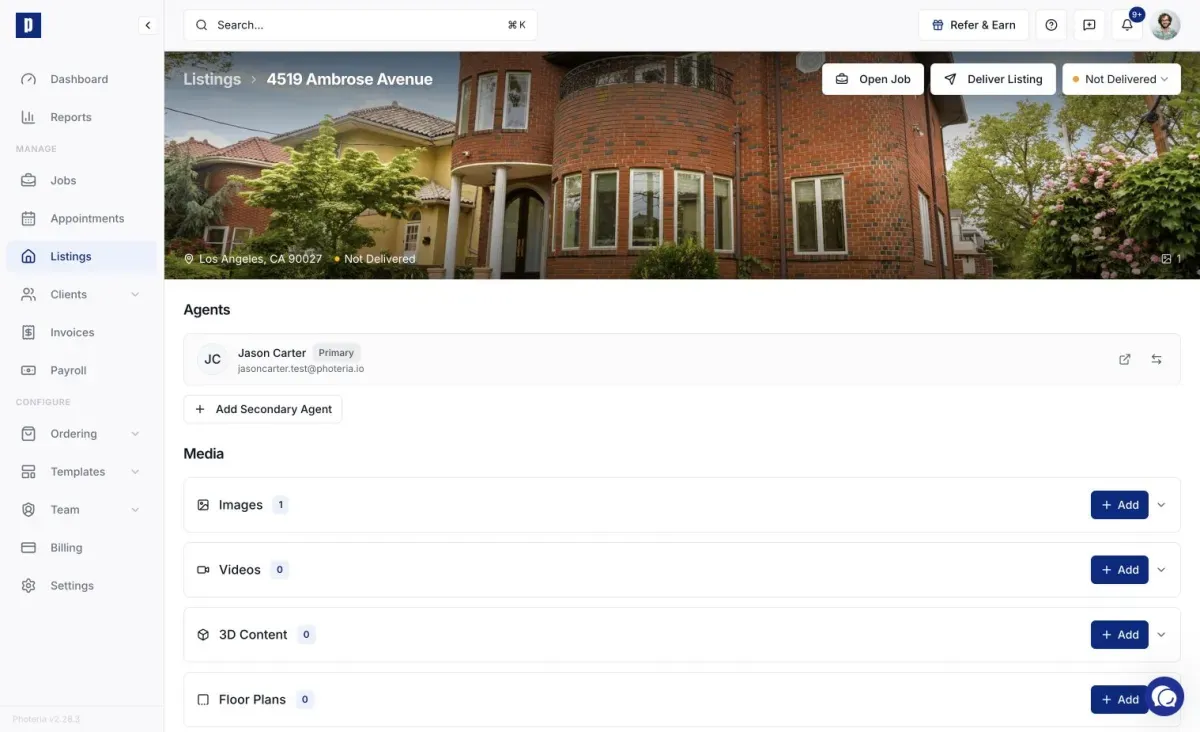 Listing details page showing property information and media sections