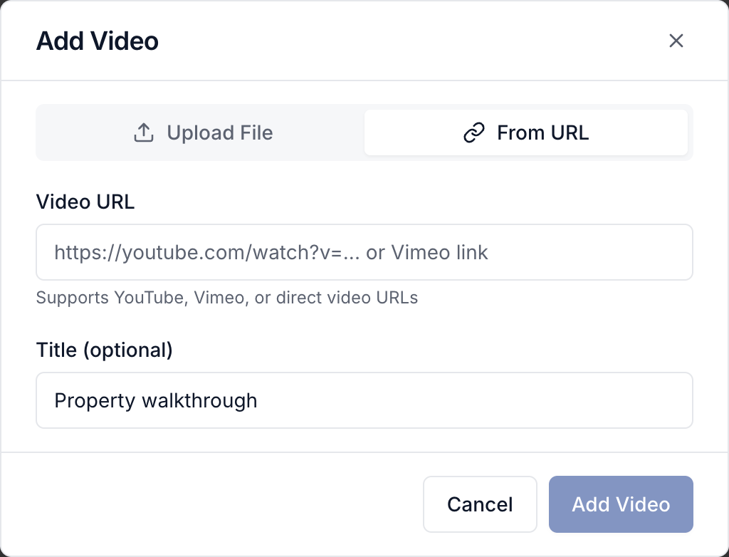 Add Video with the From URL tab, video link field, and optional title
