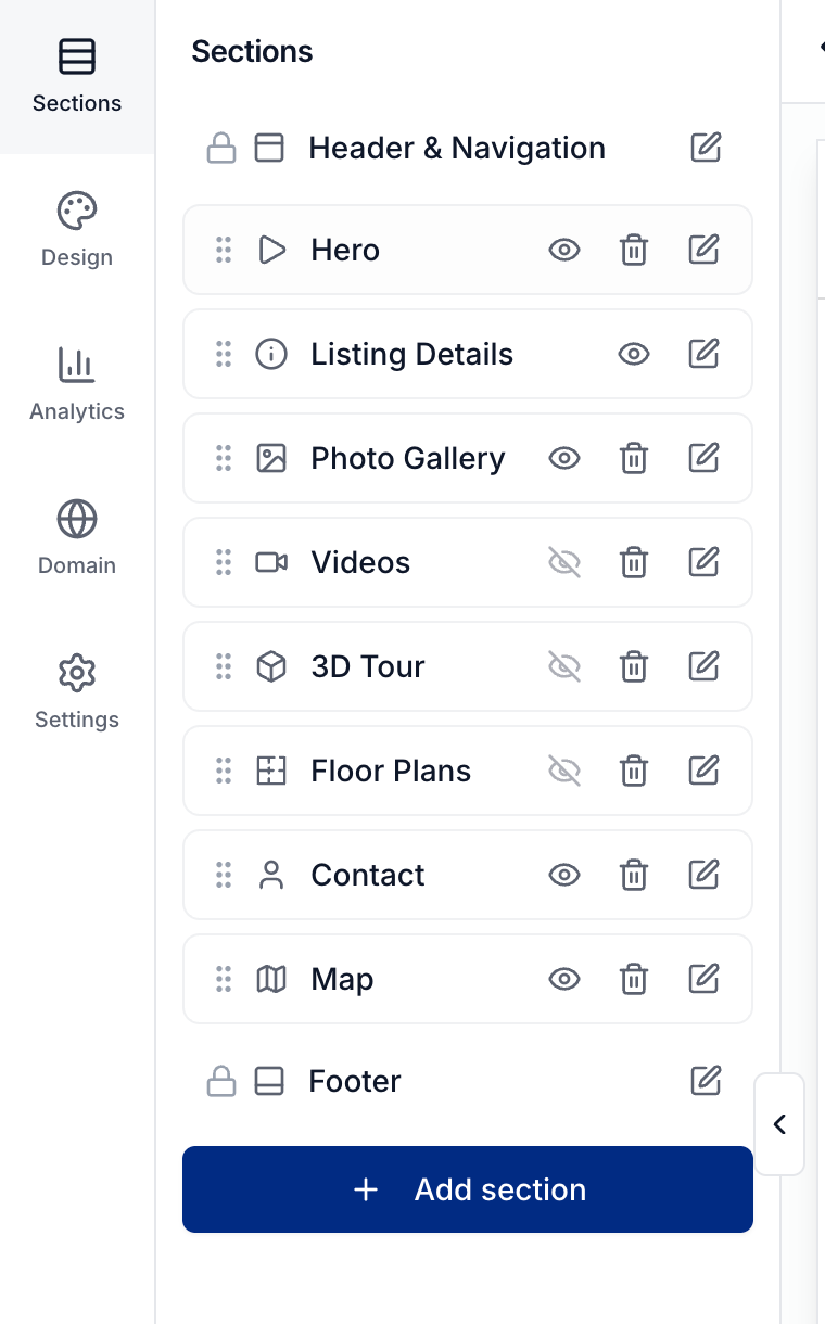 The website section list with edit, visibility, and reorder controls