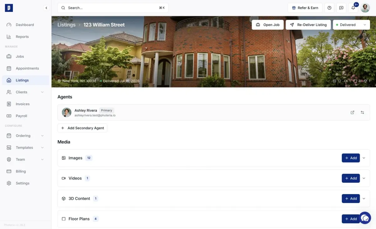 Listing detail page with property website and delivery settings