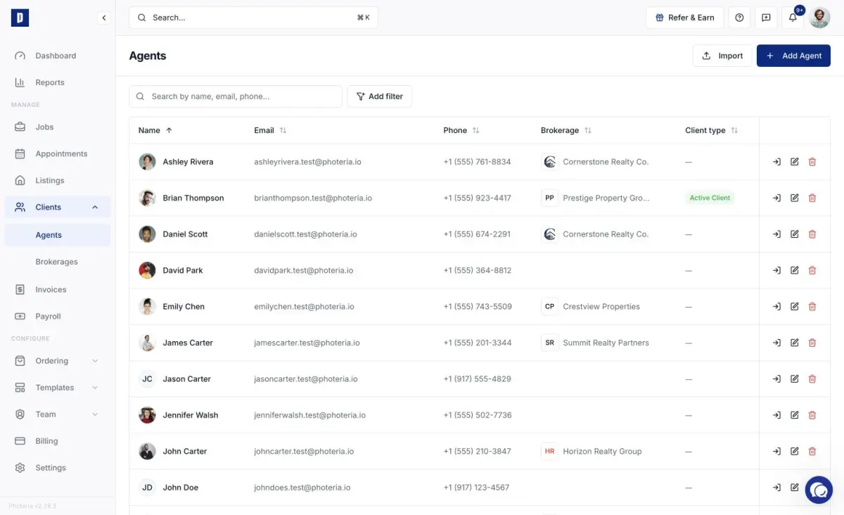 Agents table showing client names, contact details, brokerages, and client type