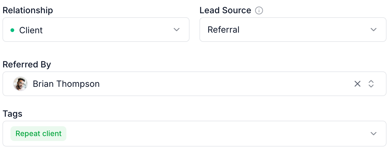 Relationship, referral source, referring client, and Tags