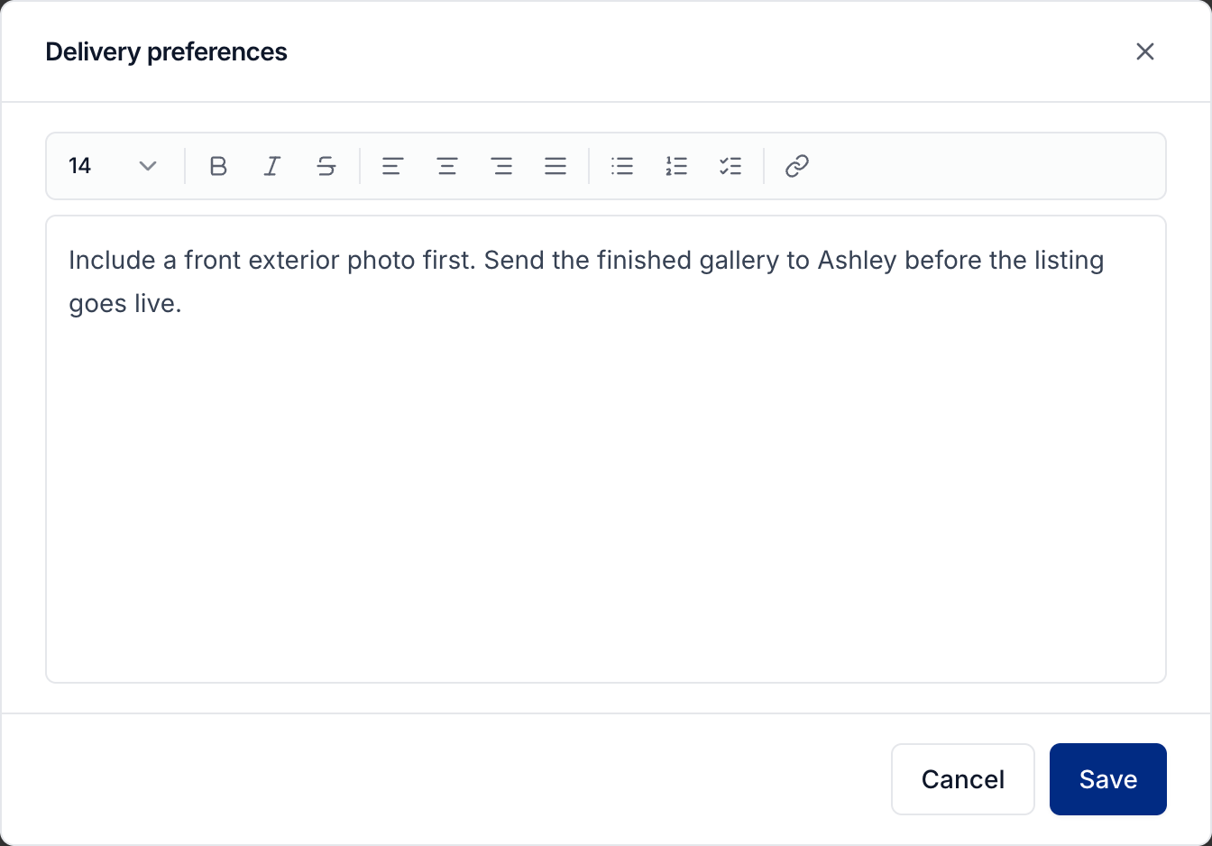 A client note with a title, instructions, formatting controls, and Save