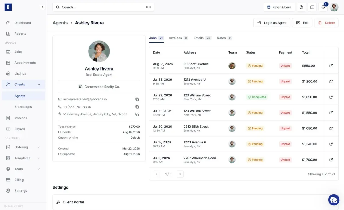 Agent profile showing account-related settings and activity