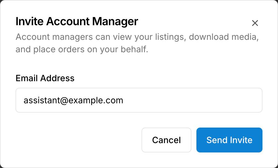 Invite Account Manager with email address and Send Invite