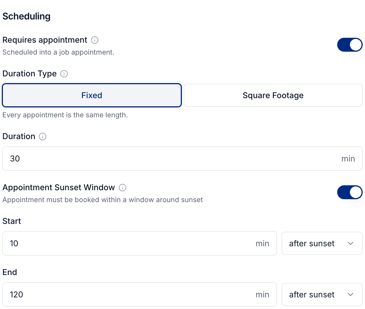 Appointment duration and a booking window relative to sunset