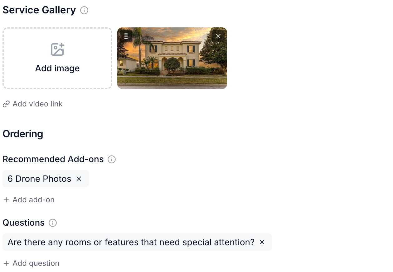 Service examples, recommended add-ons, and a question linked to the service