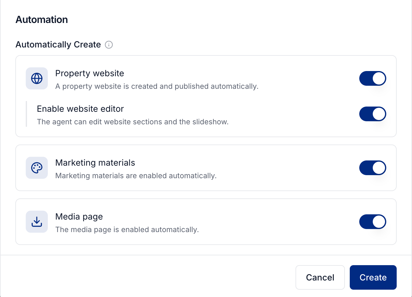 Automatic marketing and media-page settings with the Create action