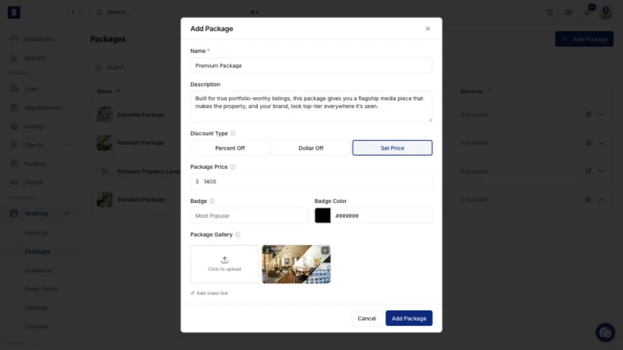 A populated premium package with a set price, Most Popular badge, and gallery image