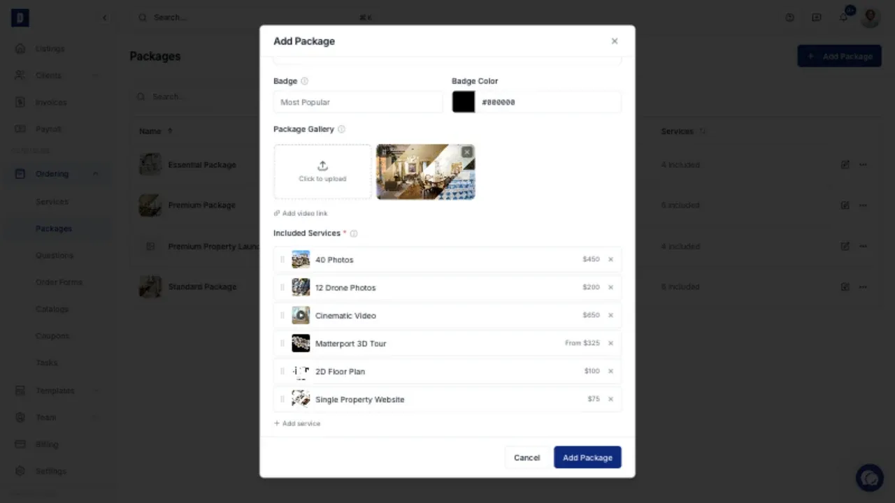 The gallery and included services in a populated premium package