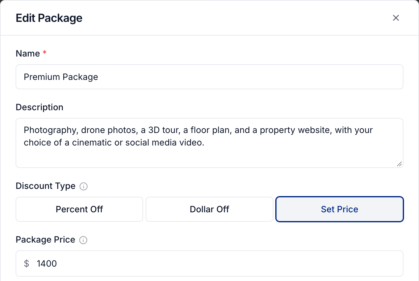 Package name, description, discount type, and price