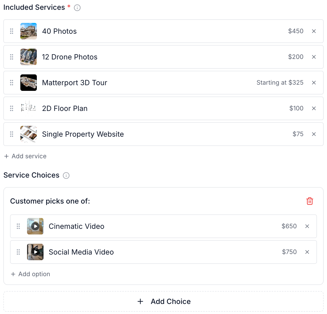 Included services and a choice between cinematic and social media videos