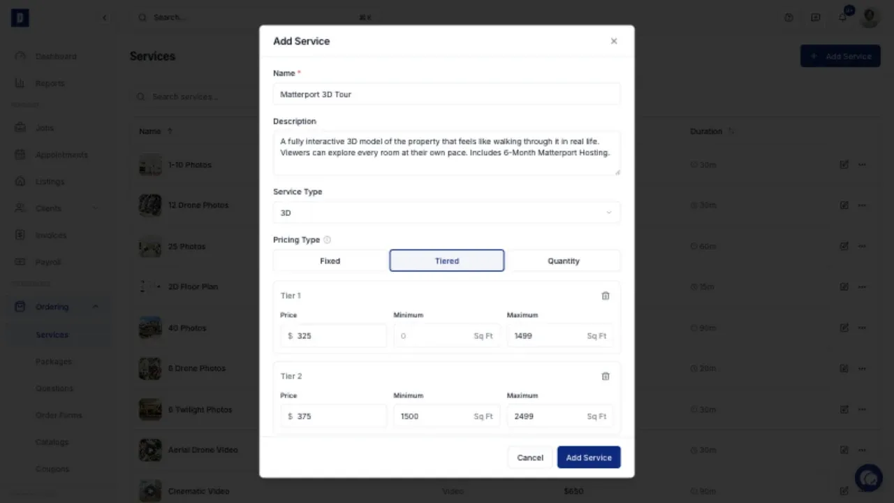 A populated Matterport service with Tiered pricing selected