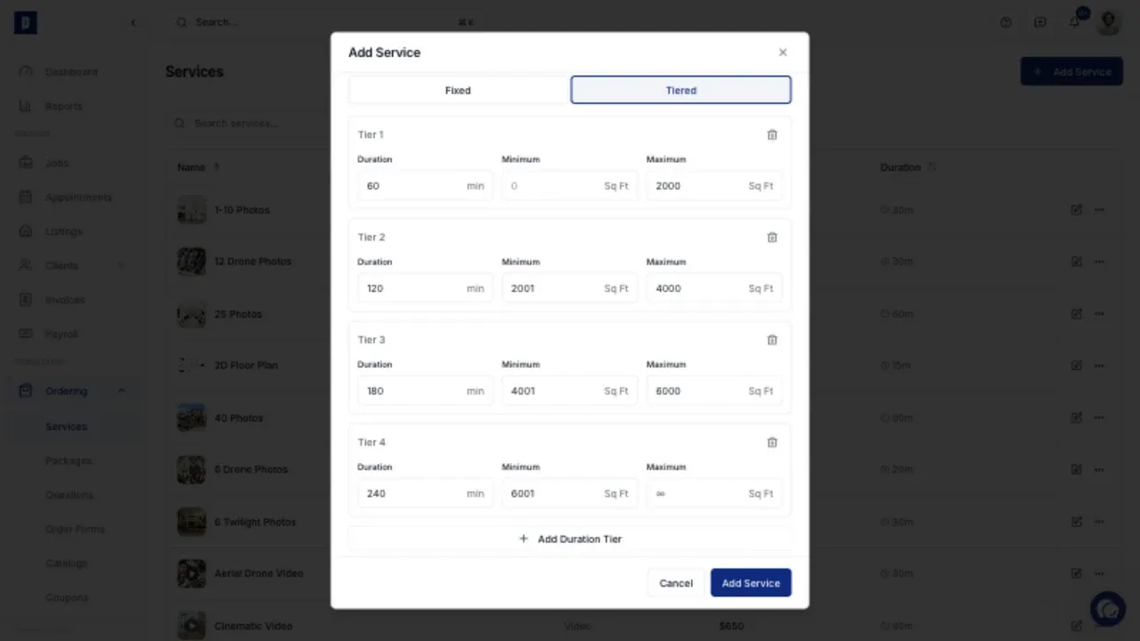 Appointment duration tiers that increase with property size