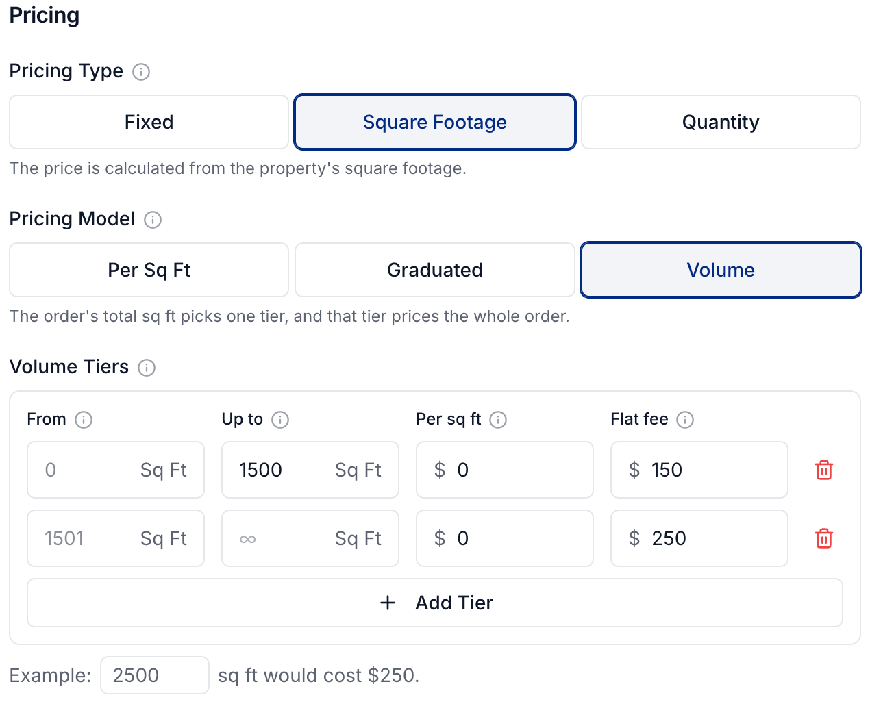 Volume pricing with a flat fee for each property size range