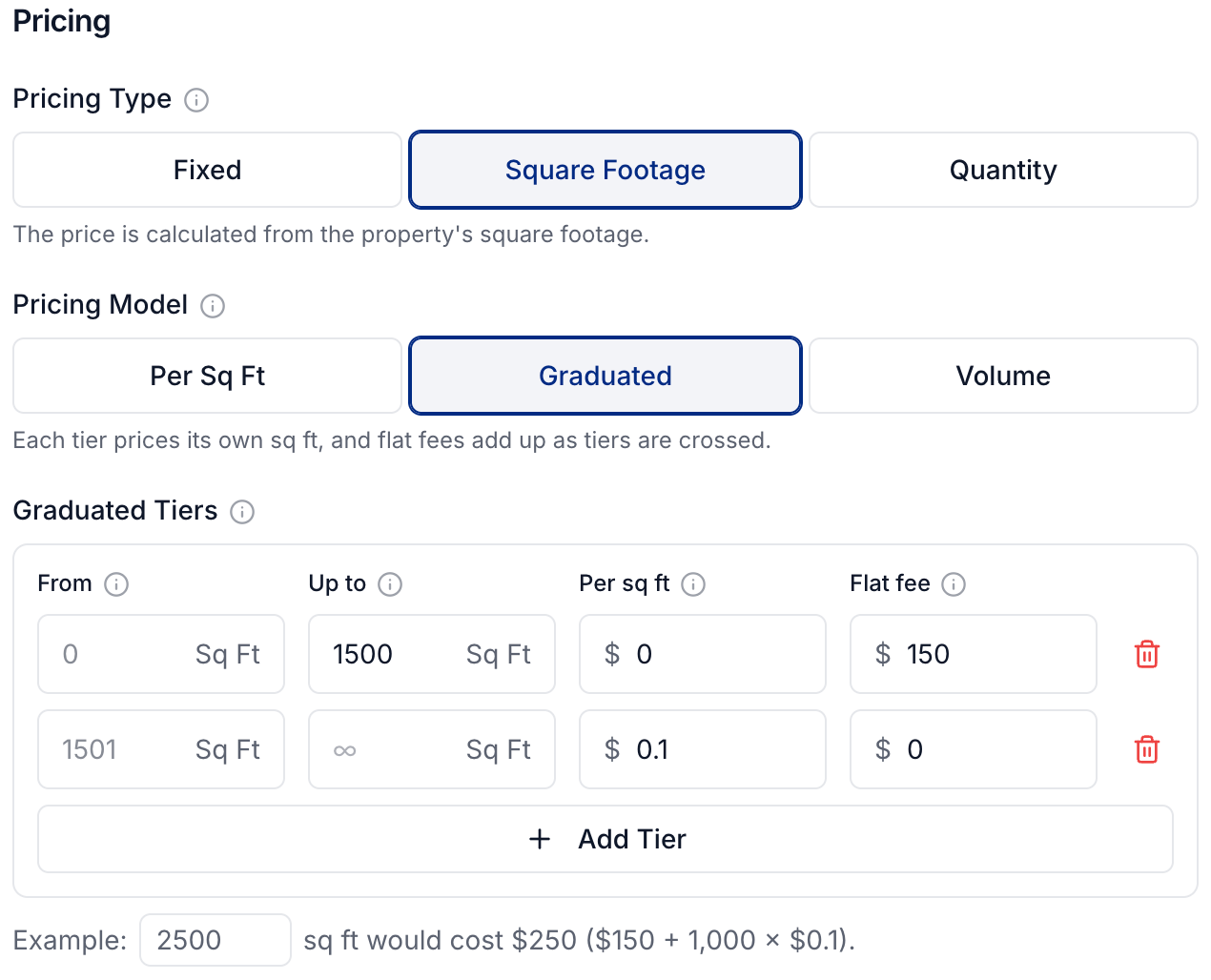 Graduated pricing with the calculated total for a 2,500-square-foot property