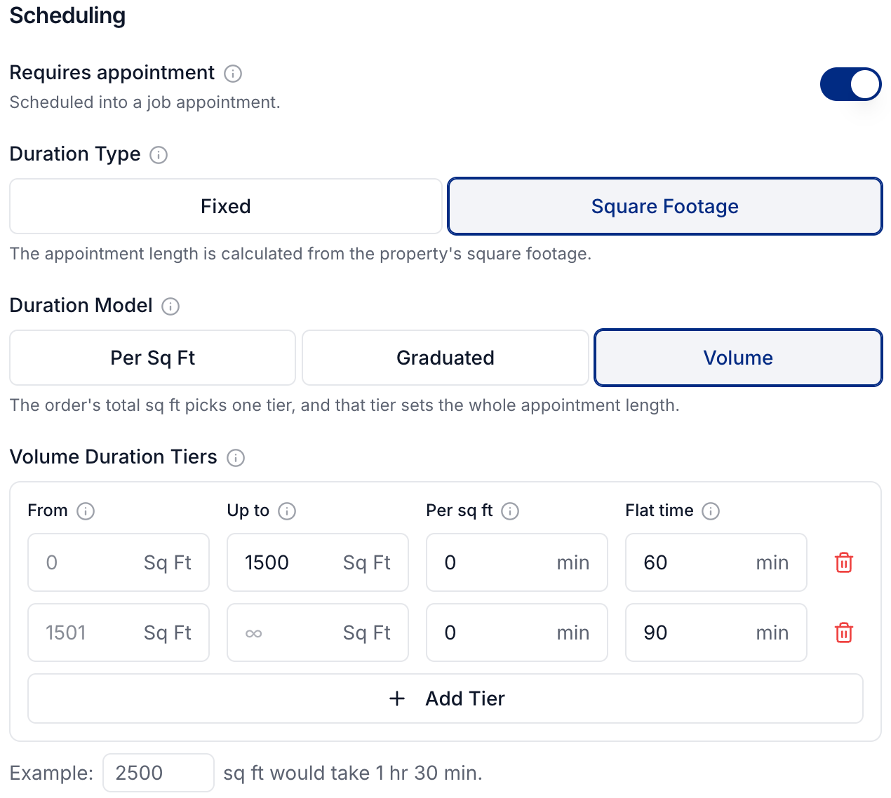 Duration tiers with a 90-minute result for 2,500 square feet