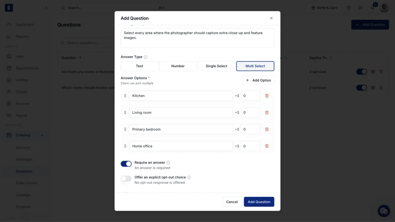 A multi-select question with four room choices and required-answer controls
