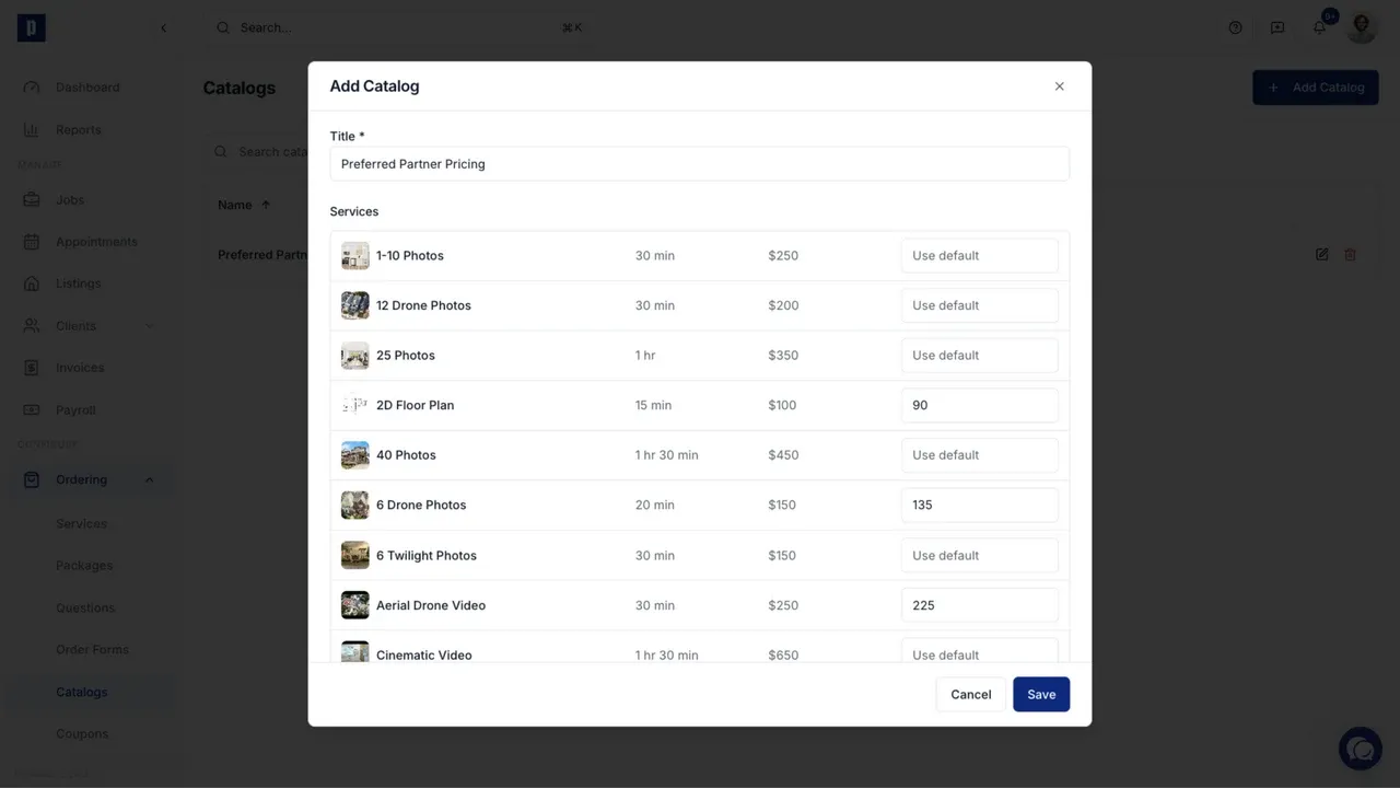 A populated pricing catalog with selected service price overrides