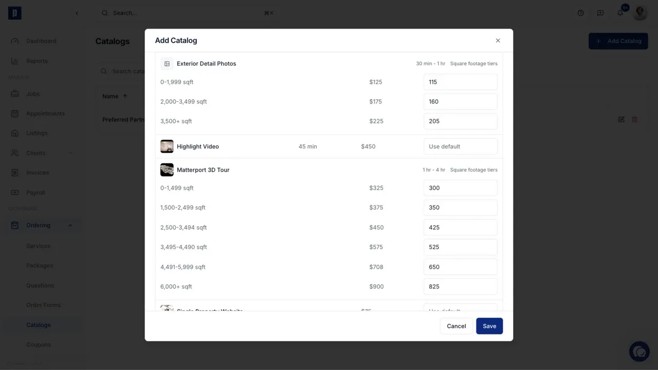 Square footage service tiers with individual catalog prices