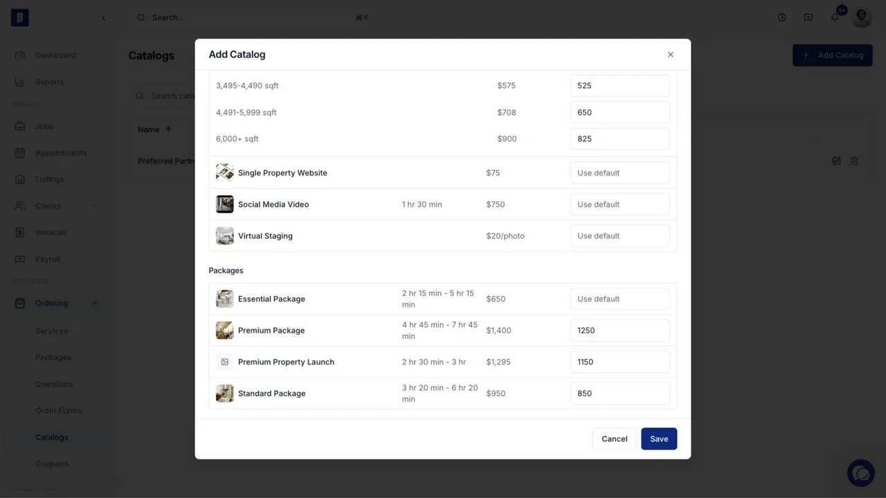 Package price overrides in a pricing catalog