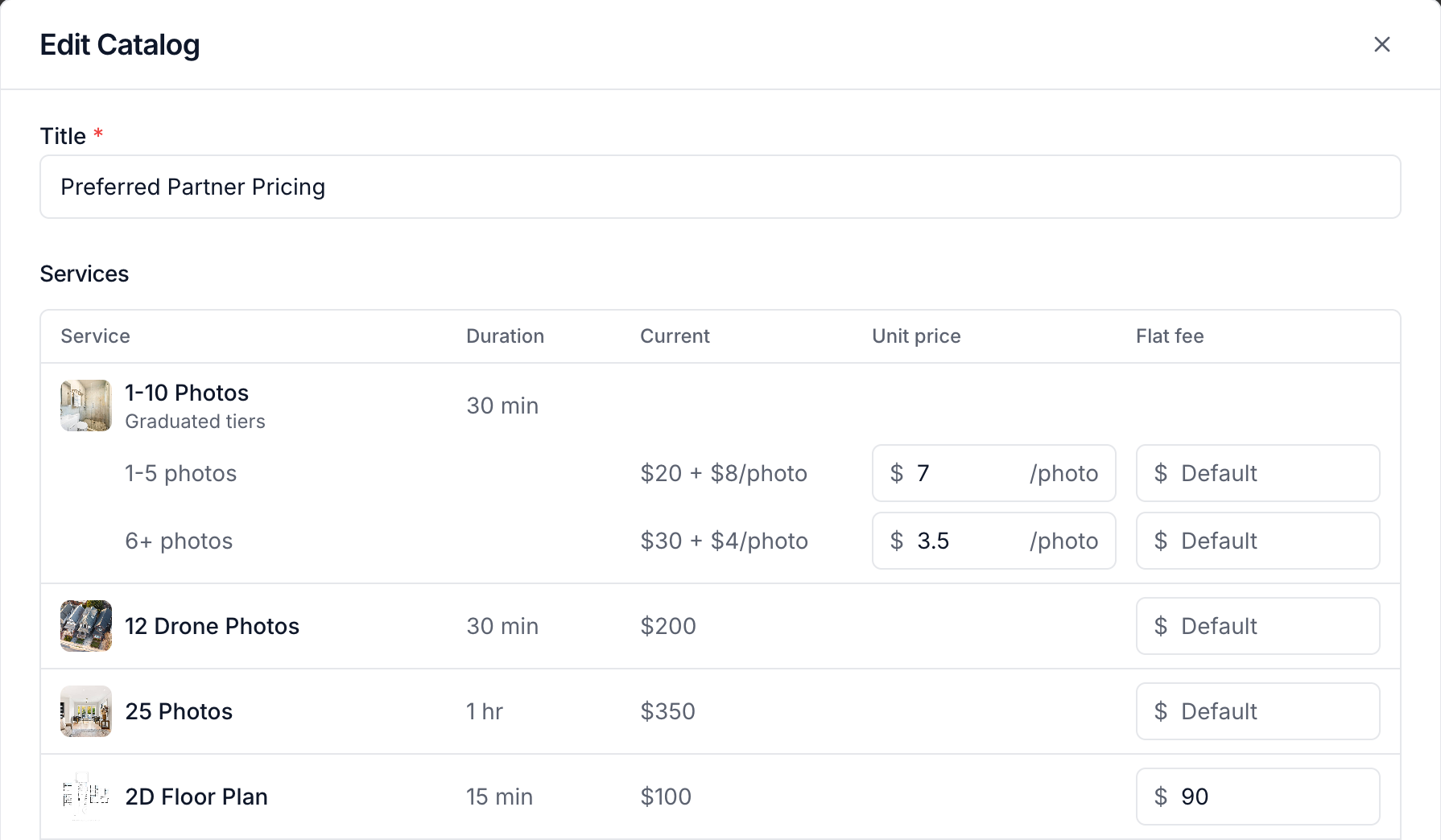 Catalog overrides for graduated unit prices and fixed service prices