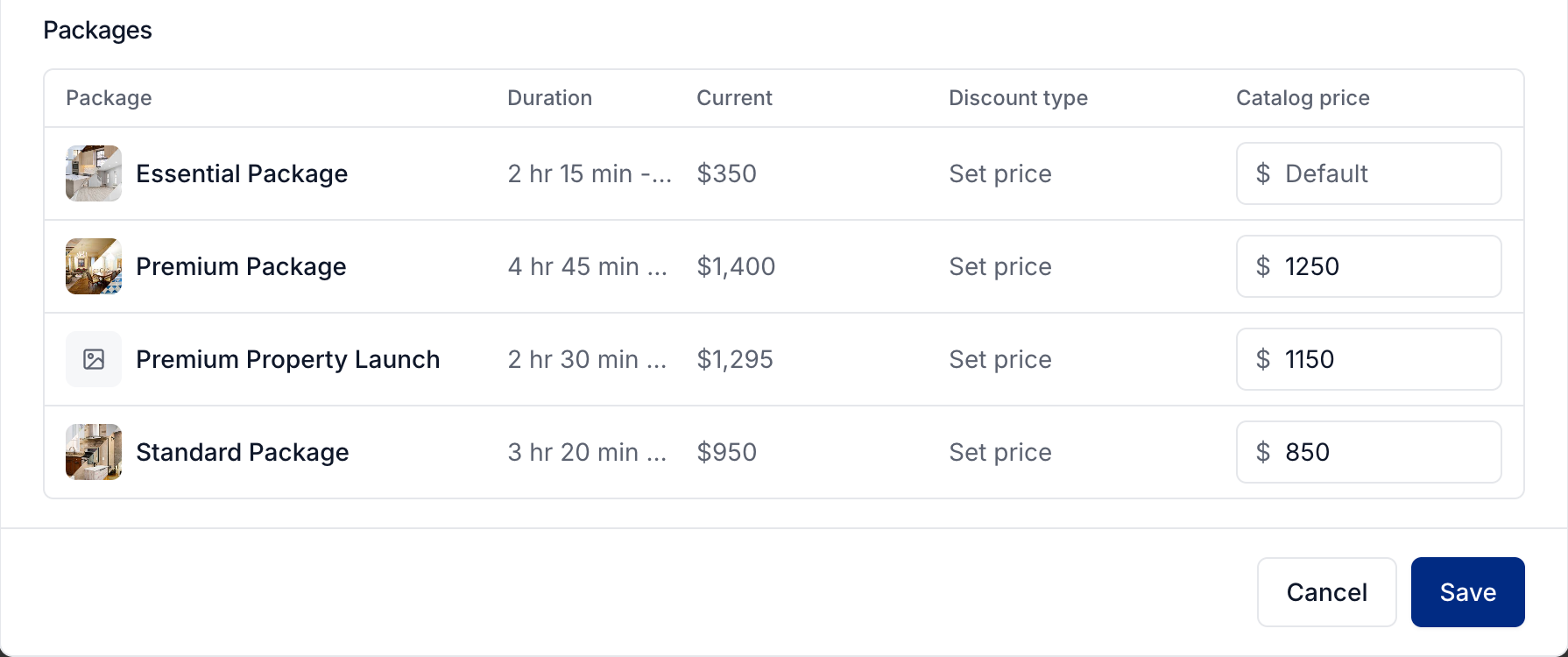 Package overrides with the discount type beside each amount