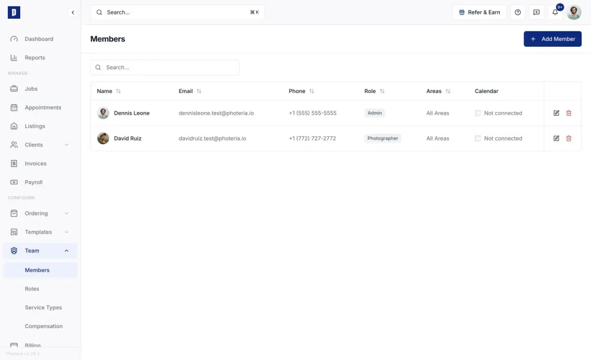 Team Members table showing roles, service areas, and calendar status