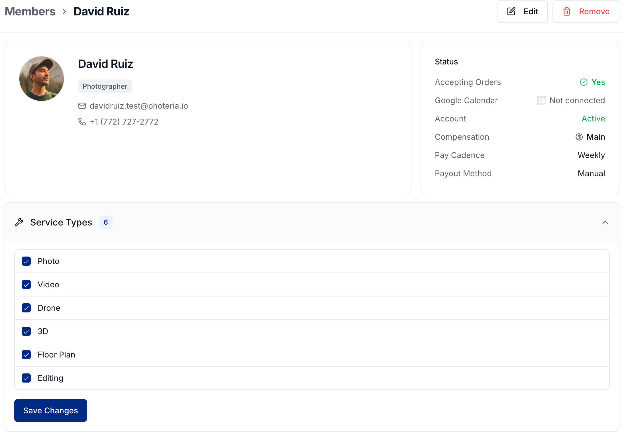 A member profile with service type assignments