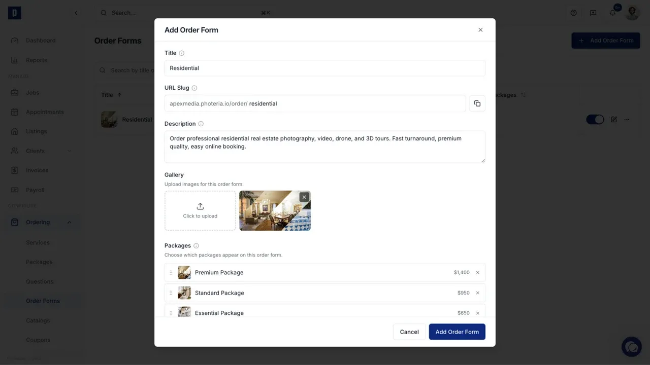 A populated order form with its title, URL, description, gallery, and packages