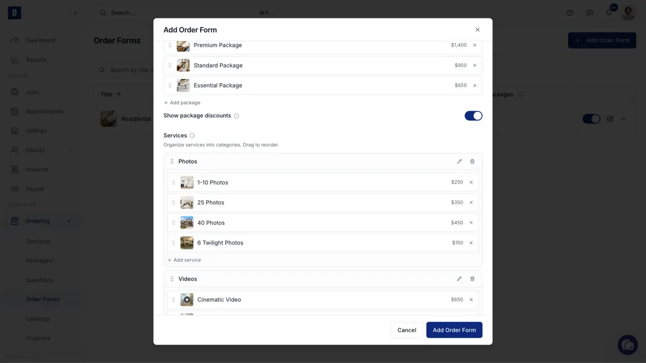 Packages and services organized into clear order form categories