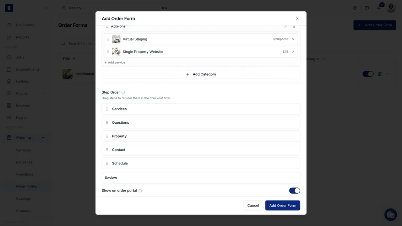 The order form checkout steps and order portal visibility setting