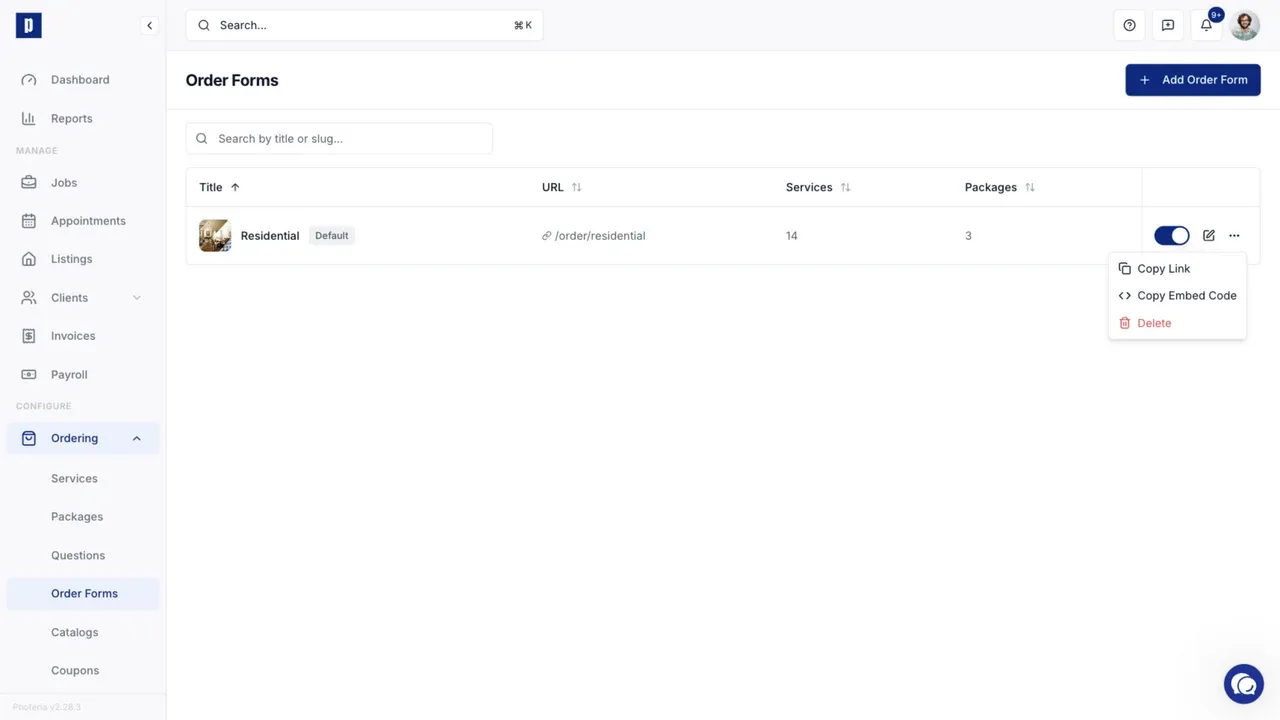 The Order Forms table with the link and embed actions open