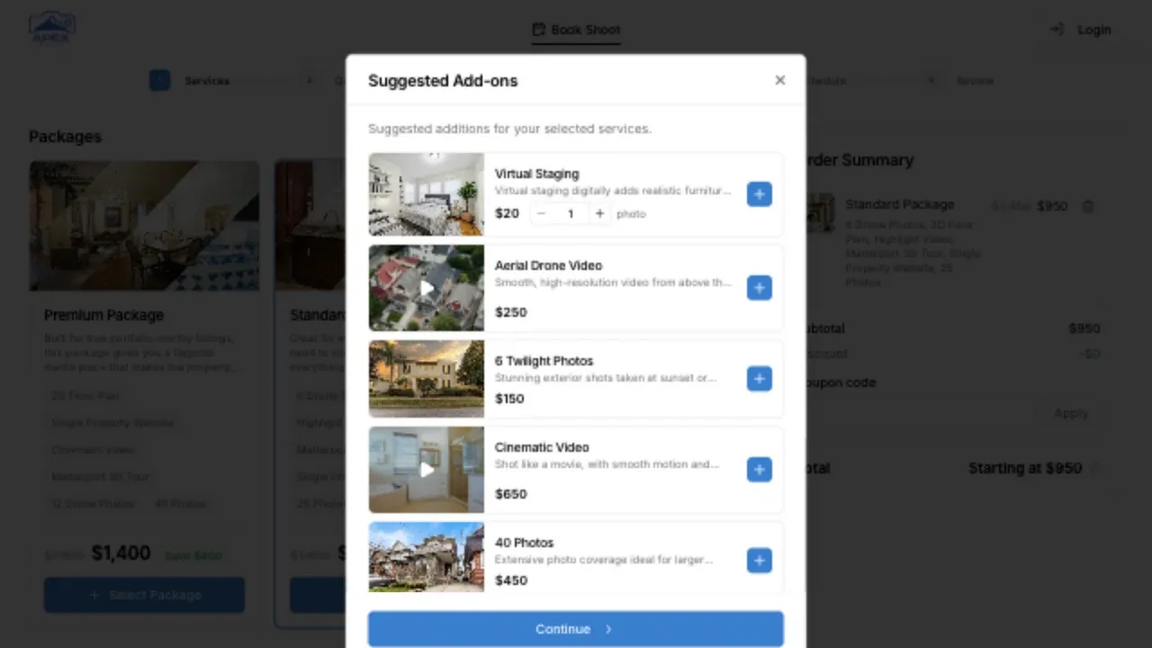 Suggested add-ons shown after a package is selected