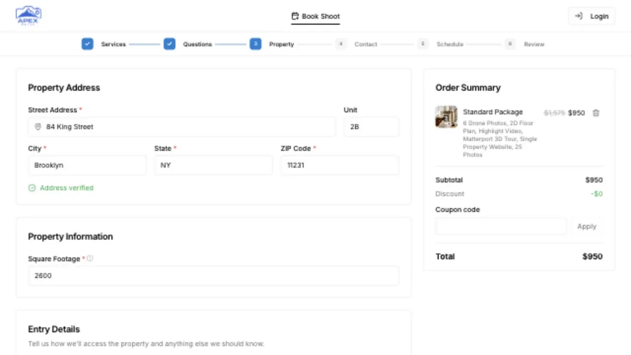 Property address, square footage, and access details in the order form
