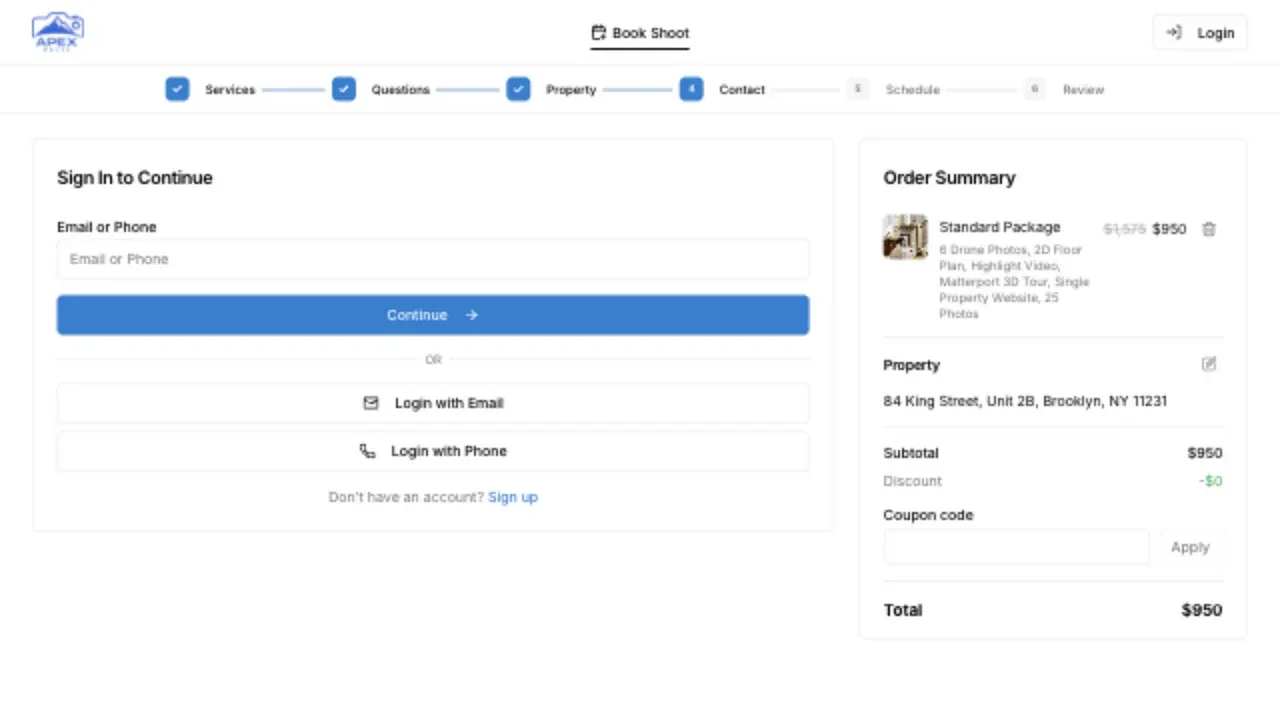 The sign-in and account creation step in a public order form